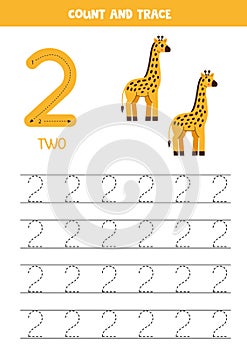 Trace numbers. Number 2 two. Cute cartoon giraffes