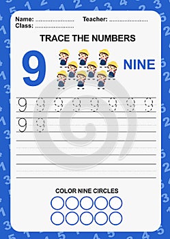 Trace and write number for children. Exercise for children to recognize the number.
