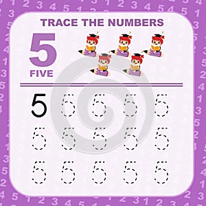 Trace and write number for children. Exercise for children to recognize the number.