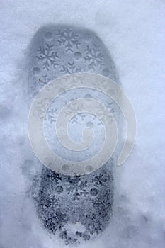 Trace on snow. Fresh snowy shoeprint photo