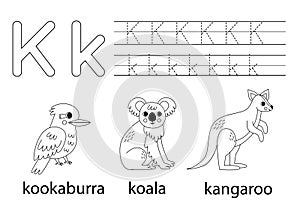 Trace uppercase and lowercase letter K. Animal alphabet for kids.