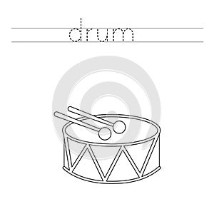 Trace word and color cartoon toy drum.