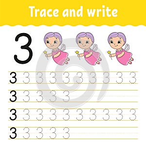 Trace and write. Handwriting practice. Learning numbers for kids. Education developing worksheet. Activity page. Game for toddlers