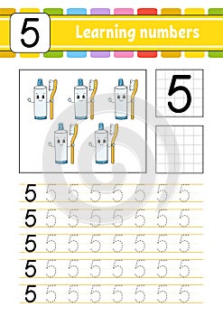 Trace and write. Handwriting practice. Learning numbers for kids. Education developing worksheet. Activity page. Game for toddlers