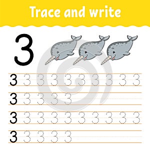 Trace and write. Handwriting practice. Learning numbers for kids. Education developing worksheet. Activity page. Game for toddlers