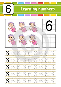 Trace and write. Handwriting practice. Learning numbers for kids. Education developing worksheet. Activity page. Game for toddlers