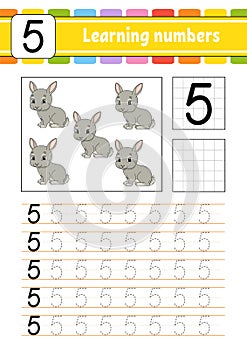 Trace and write. Handwriting practice. Learning numbers for kids. Education developing worksheet. Activity page. Game for toddlers