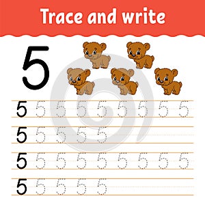 Trace and write. Handwriting practice. Learning numbers for kids. Education developing worksheet. Activity page. Game for toddlers