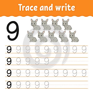 Trace and write. Handwriting practice. Learning numbers for kids. Education developing worksheet. Activity page. Game for toddlers