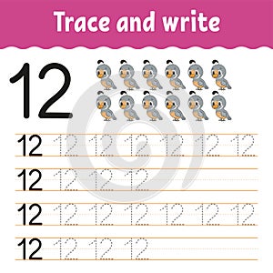 Trace and write. Handwriting practice. Learning numbers for kids. Education developing worksheet. Activity page. Game for toddlers