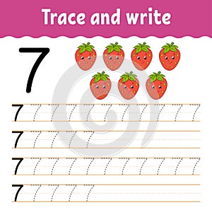 Trace and write. Handwriting practice. Learning numbers for kids. Education developing worksheet. Activity page. Game for toddlers