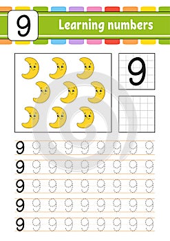 Trace and write. Handwriting practice. Learning numbers for kids. Education developing worksheet. Activity page. Game for toddlers