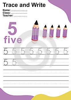 Trace and write number for children. Exercise for children to recognize the number.