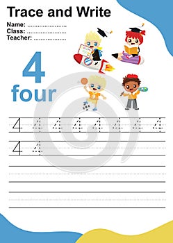Trace and write number for children. Exercise for children to recognize the number.