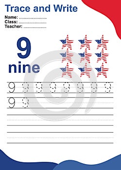 Number nine tracing practice worksheet with 9 american stars for kids learning to count and to write with 4th July theme.