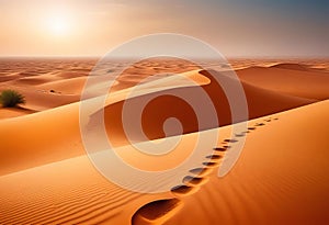 Traces of a caravan and a person on the sand in the hot Sahara, an oasis with palm trees and a lake in the background