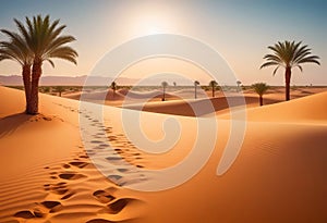 Traces of a caravan and a person on the sand in the hot Sahara, an oasis with palm trees and a lake in the background