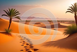 Traces of a caravan and a person on the sand in the hot Sahara, an oasis with palm trees and a lake in the background