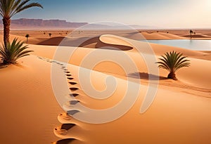 Traces of a caravan and a person on the sand in the hot Sahara, an oasis with palm trees and a lake in the background