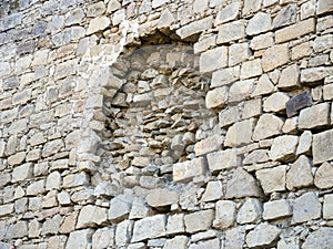 Traces of the destruction of the fortress wall. Genoese fortress, city of Feodosia, Crimea