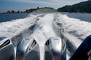 Traces of the powerful engines of a boat sailing away from the Similan Islands in the Andaman Sea. Asia, tourism, travel