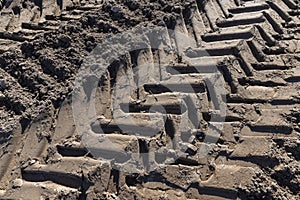 Traces of a tractor or other large machinery on the soil in the field