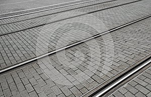 Traces of tram tracks on the road. photo