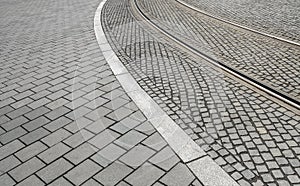 Traces of tram tracks on the road. photo