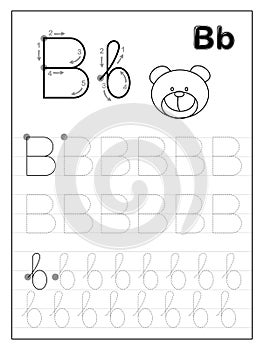 Tracing alphabet letter B. Black and white educational pages on line for kids.