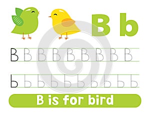 Tracing alphabet letter b with cute birds. Worksheet for children.