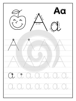 Tracing alphabet letter A. Black and white educational pages on line for kids.
