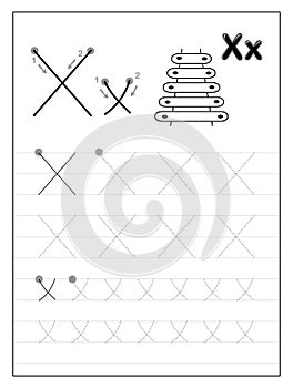 Tracing alphabet letter X. Black and white educational pages on line for kids. Printable worksheet for children textbook.