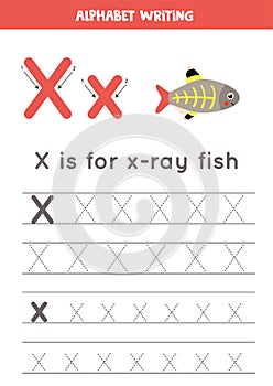 Tracing alphabet letter X with cute cartoon x ray fish.