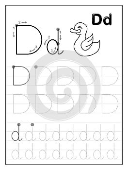 Tracing alphabet letter D. Black and white educational pages on line for kids.