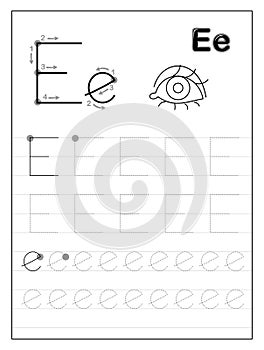 Tracing alphabet letter E. Black and white educational pages on line for kids.