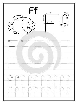 Tracing alphabet letter F. Black and white educational pages on line for kids.