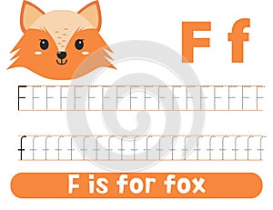 Tracing alphabet letter F with cute fox. Worksheet for children.