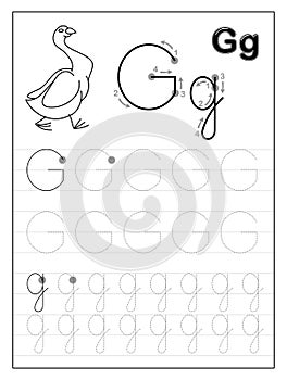 Tracing alphabet letter G. Black and white educational pages on line for kids.