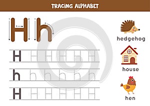 Tracing alphabet letter H with cute cartoon pictures.