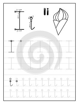 Tracing alphabet letter I. Black and white educational pages on line for kids. Printable worksheet for children textbook.