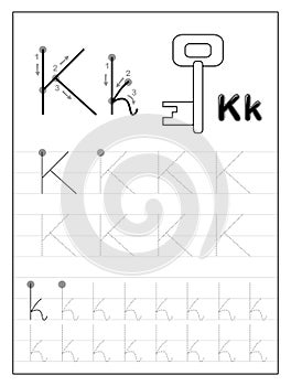 Tracing alphabet letter K. Black and white educational pages on line for kids. Printable worksheet for children textbook.
