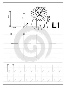 Tracing alphabet letter L. Black and white educational pages on line for kids. Printable worksheet for children textbook.