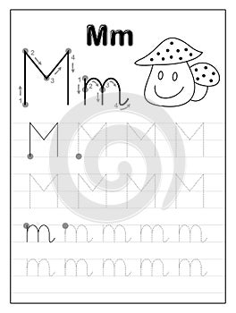 Tracing alphabet letter M. Black and white educational pages on line for kids. Printable worksheet for children textbook.