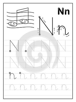 Tracing alphabet letter N. Black and white educational pages on line for kids. Printable worksheet for children textbook.