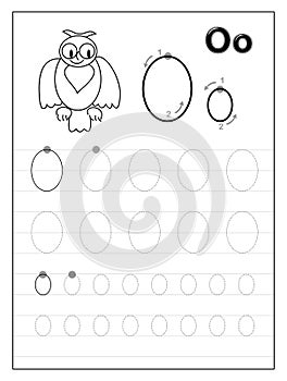 Tracing alphabet letter O. Black and white educational pages on line for kids. Printable worksheet for children textbook.