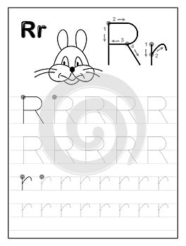 Tracing alphabet letter R. Black and white educational pages on line for kids. Printable worksheet for children textbook.