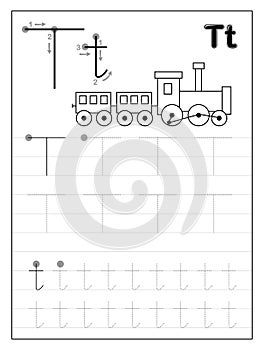 Tracing alphabet letter T. Black and white educational pages on line for kids. Printable worksheet for children textbook.