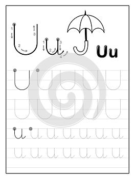 Tracing alphabet letter U. Black and white educational pages on line for kids. Printable worksheet for children textbook.