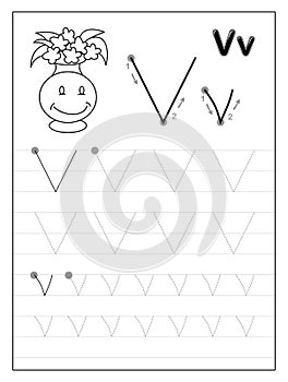 Tracing alphabet letter V. Black and white educational pages on line for kids. Printable worksheet for children textbook.