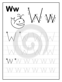 Tracing alphabet letter W. Black and white educational pages on line for kids.